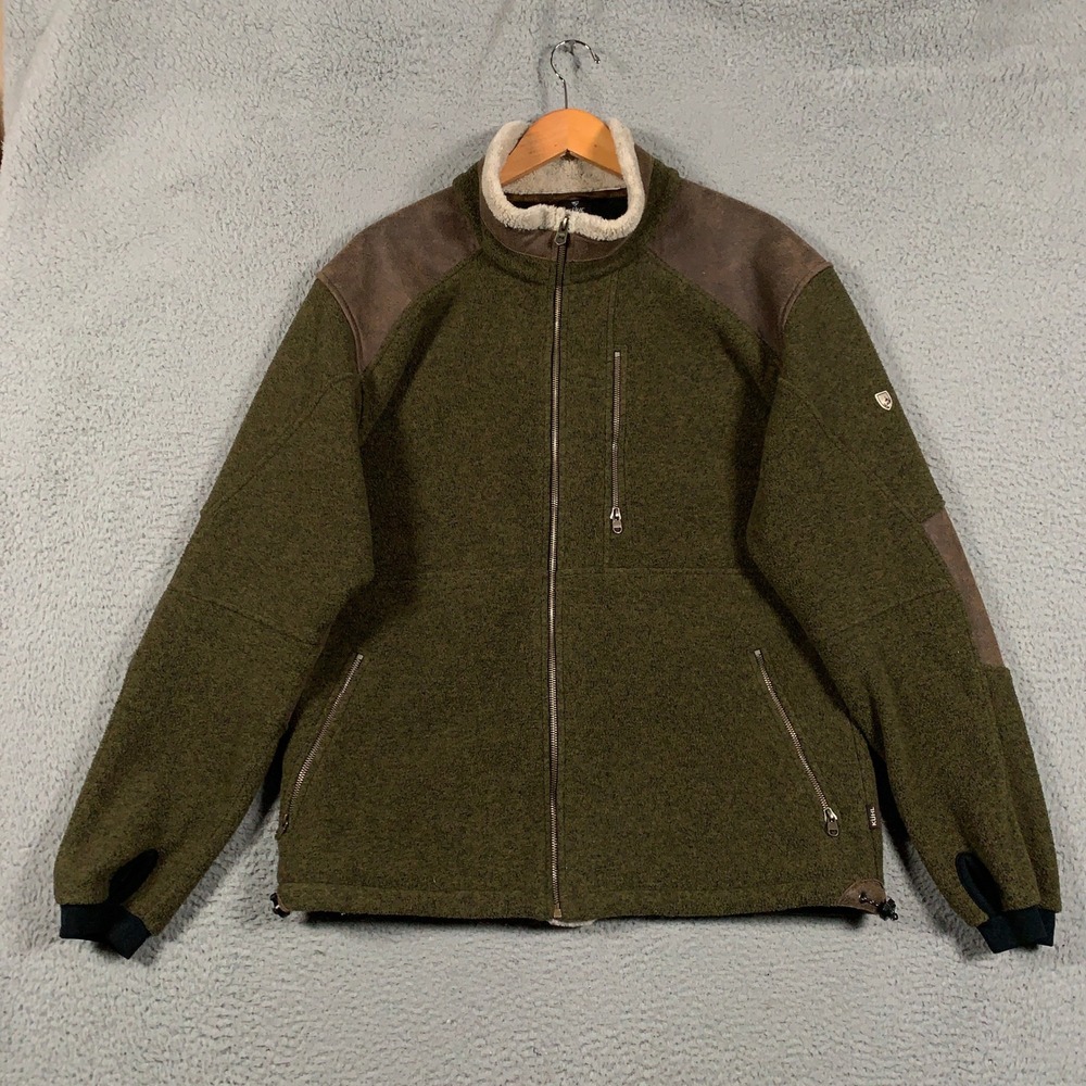 KUHL Alpenwurx Jacket Mens XL Olive Green Fleece Wool Blend Full Zip Thumb Loops